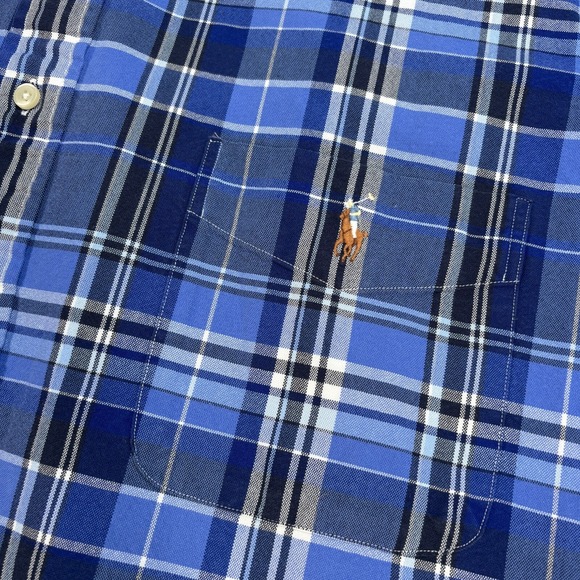 Polo Ralph Lauren‎ Oxford Shirt Men's 2XB Blue Cotton Plaid Pocket Flesh Pony - Picture 7 of 14